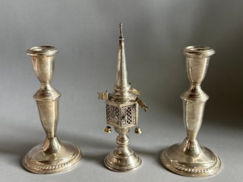 Vintage Russian Judaica Sterling Silver Spice Tower & Weighted Sterling Silver Candlestick Holders