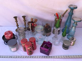 Large Lot Of Various Candles And Glassware, With Tote, See Pics