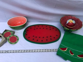 Lot Of Watermelon, Decorative Items, Bowls, Cutting Board, Coasters, Dish Cloth