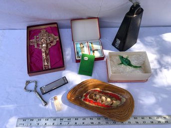 Various Lot, Vintage, Ashtray And Cards, Harmonica, Glass, Frog, Etc.