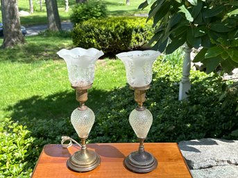 Pair Of Beautiful Antique Lamps With Extra Etched Glass Shade