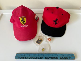 Two Ferrari Ferrari Baseball Hats, Ferrari Lapel Pin, Mercedes Keychain, Michael Schumacher, Miller Motor Cars