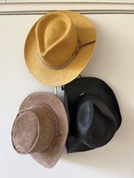 Three Very Fine Hats, One Walk About Hat Real Leather Made In Australia, Two Authentic Scala Hand Woven Hats.