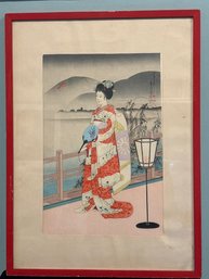 Antique Japanese Woodblock Print Geisha Girl In A Landscape