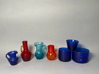 Vintage Colored Glass Pitchers & Cobalt Blue Votives/bowls