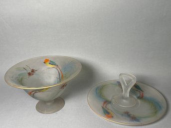 Vintage Tiffin Satin Reverse Hand Painted Parrot Glass Pedestal Bowl & Center Handled Serving Dish
