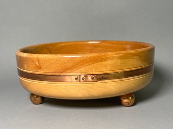Vintage Hand Turned Wood Bowl With Copper Trim Band And Ball Feet