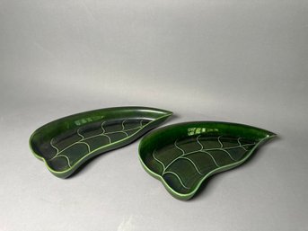 Pair Of Vintage Green Glaze Leaf Design Dishes