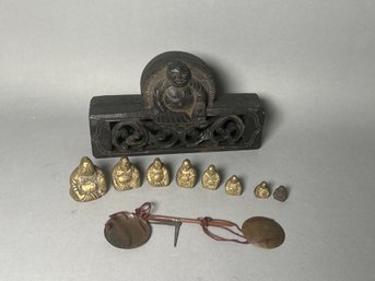 Bronze Buddha Figures In Tiered Sizes In Ornate Wooden Box