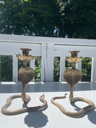 Pair Of Vintage Brass Hand Painted Enameled Cobra Snake Candle Holders