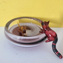 Mini Glass Raccoon And Dachshund With Amethyst Glass Trinket Bowl