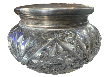 Vintage Brilliant Cut Crystal Cold Cream / Vanity Jar With Sterling Lid And Monogram