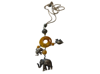 Tibetan Inspired Elephant & Amber Bead Charm Necklace And Matching Earrings