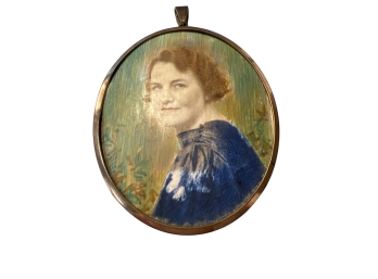 Large Sterling Bezel Picture Frame Pendant With Painted Female Portrait