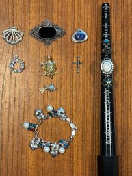 Lot Vintage Sterling Silver Lapis Onyx Marcasite Pendants Pins Bracelet Rings (8)