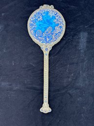 Beautiful Hand Mirror With Molded Slag Glass With Cherub On Back Cabochons And Faux Pearl Decoration