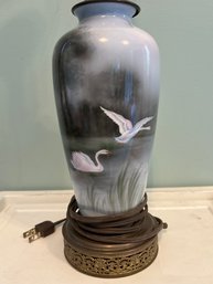 Antique Hand Painted Lamp With Swans