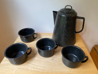 Cowboy Coffee Collection Porcelain Enamel Pot And Four Cups