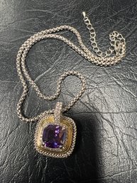 Luxe Embellished Square Pendant Necklace With Purple Crystal And Daisy Backing