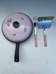 Grouping Of Vintage Flipper And Large Prongs With Enamel Stovetop Pot With Lid