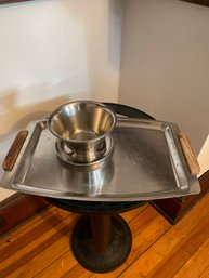Leonard Danish 18/8 Stainless Steel Footed Serving Bowl With Unmarked Stainless Steel Tray With Wooden Handles