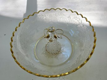Etched Gold Angelic Glass Figurine With Rimmed Antique Serving Bowl With Scalloped Rim