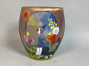 Vintage GOEBEL Luce Solare Cat Glass Vase Hand Painted Signed By Rosina Wachtmeister