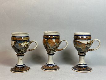 Beautiful Vintage Signed Stoneware Handled Goblets