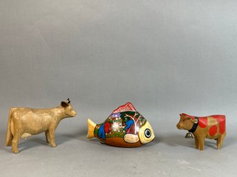 Beautiful Hand Painted & Wood Carved Cows & Fish Decor