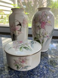 Ceramic Vases And Trinket Box With Orchid Moti