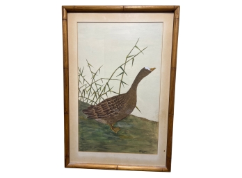 Vintage Goose Painting With A Light 'bamboo' Frame