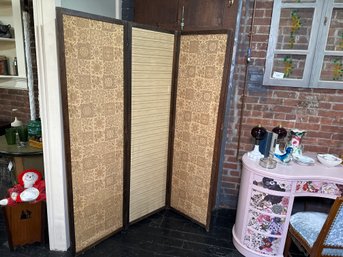 Beautiful Vintage Fabric Screen Room Divider With Oak Frame