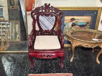 Stunning Chinese Wood Carved Marble Back Chair