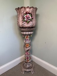 Italian Hand Painted Vintage Capidomonte Plant Stand With Pot