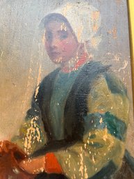 Antique Portrait Painting - Young Woman With Bonnet And Clay Pot