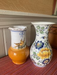 Two Vases Italian Ceramic Both Have 5.5in Diameter X10 And X9 Hand Made Hand Painted In Italy