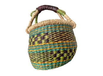 Small Handwoven African Gathering Basket With Leather Wrapped Handle