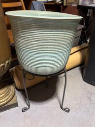 Large Green Glazed Ceramic Planter With Ribbed Pattern