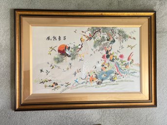 Framed Chinese Embroidery On Silk Of Exotic Birds.36.5x25.5in