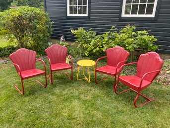 4 Red Metal Patio Chair And Yellow Table