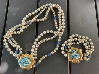 Beautiful Vintage Demi Parure Faux Pearl, Turquoise And More ~ Necklace And Bracelet ~