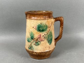 Antique Victorian Majolica Cherry Blossom & Basket Weave Mug