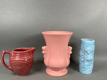 Vintage McCoy Leaf & Berry Pink Vase, Blue Tiki Mug & Hull Ribbed Pitcher