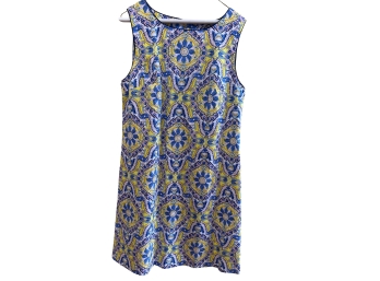 Betsey Johnson Blue Medallion Print Sleeveless Cotton Dress With Contrast Piping - Size 16