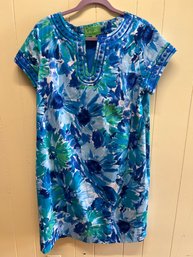 Pappagallo Blue Daisy Printed Dress With Embroidered Split Neckline - Size 16