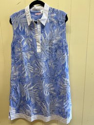 Tizzie Women's Blue Linen/cotton Blend Collared Sleeveless Dress With Palm Leaf Print - Size XL