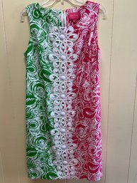 Lilly Pulitzer Pink & Green Split Pattern Sleeveless Cotton Dress With Wide Ribbon Embroidery - Size 12