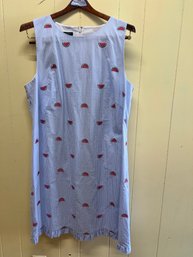 Talbots Cotton Blue Pinstripe Sleeveless Dress With Embroidered Watermelon Print - Size 16