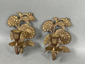 Vintage Brass Floral Wall Sconce Candleholders, Made In India