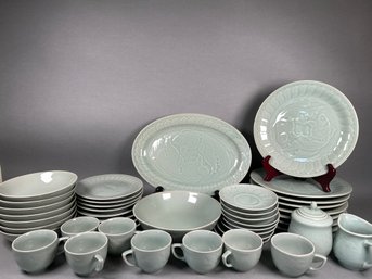 Vintage Celadon Koi Fish Dinnerware Set For 8